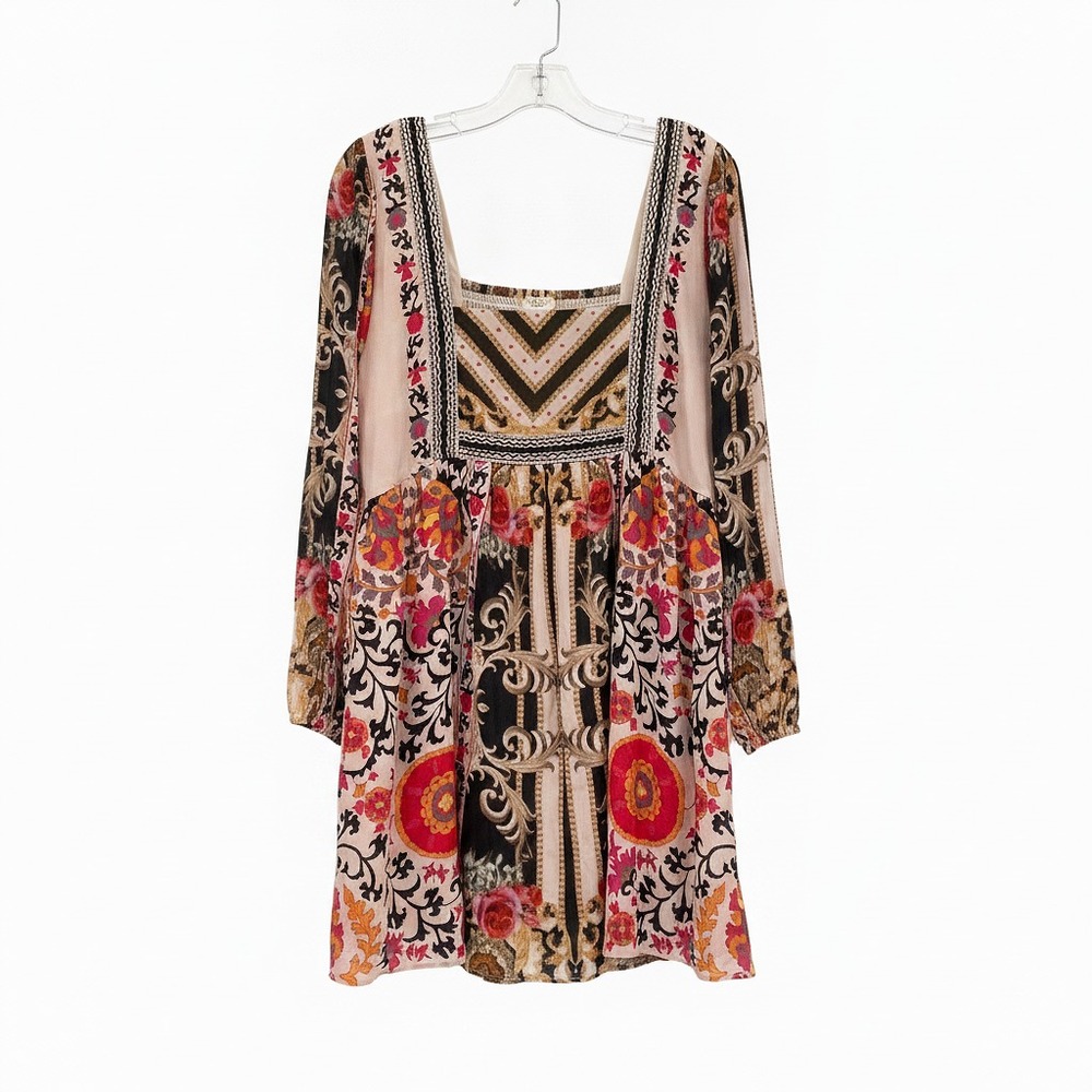 Nikasha Pink Red Black Patterned Puff Sleeve Mini Dress | Women’s M